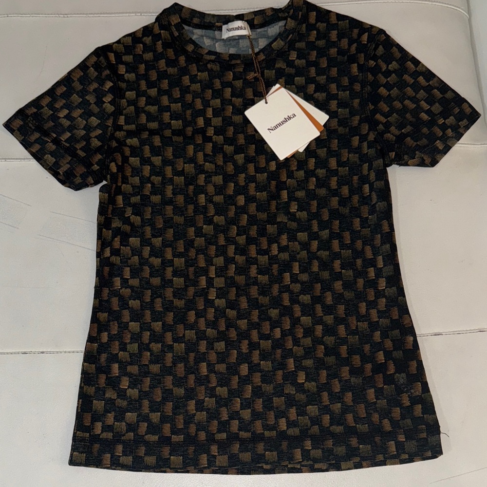 Nanushka illusion check Black and Brown Checkered Short Sleeve Top XS NWT